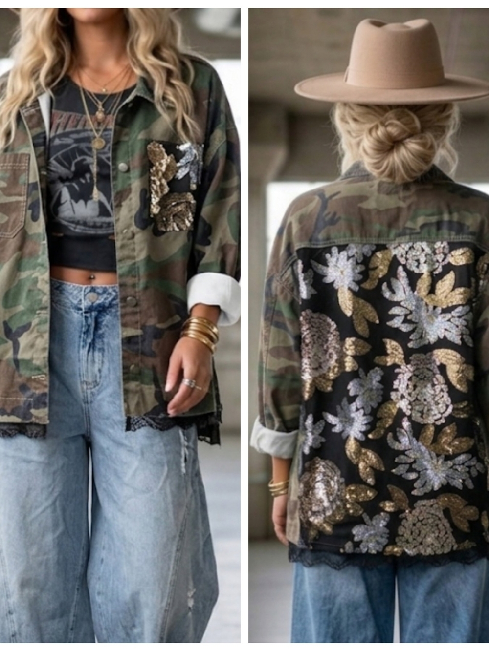 Camo Sequin Floral Back Utility Jacket - Green